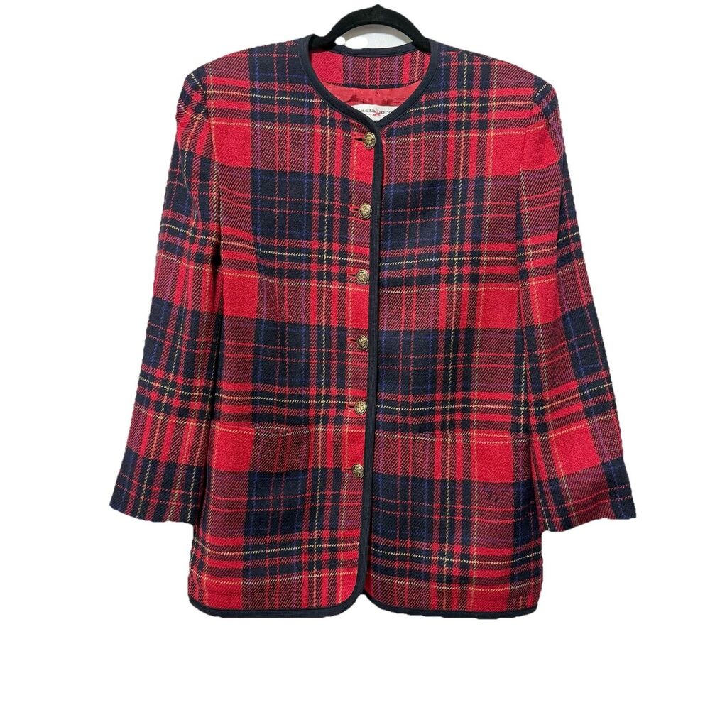 Liz Claiborne Womens 10 Red Navy Plaid Wool Blend Collarless Jacket Gold Button